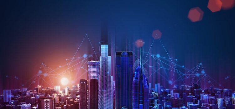 Smart City Concept. Panoramic View Of Urban Futuristic Buildings With Communication Network Connections, 5G